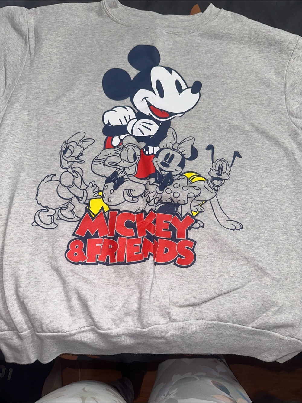 Disney Gray Crewneck with Mickey & Friends Graphic in Red, Navy & Yellow